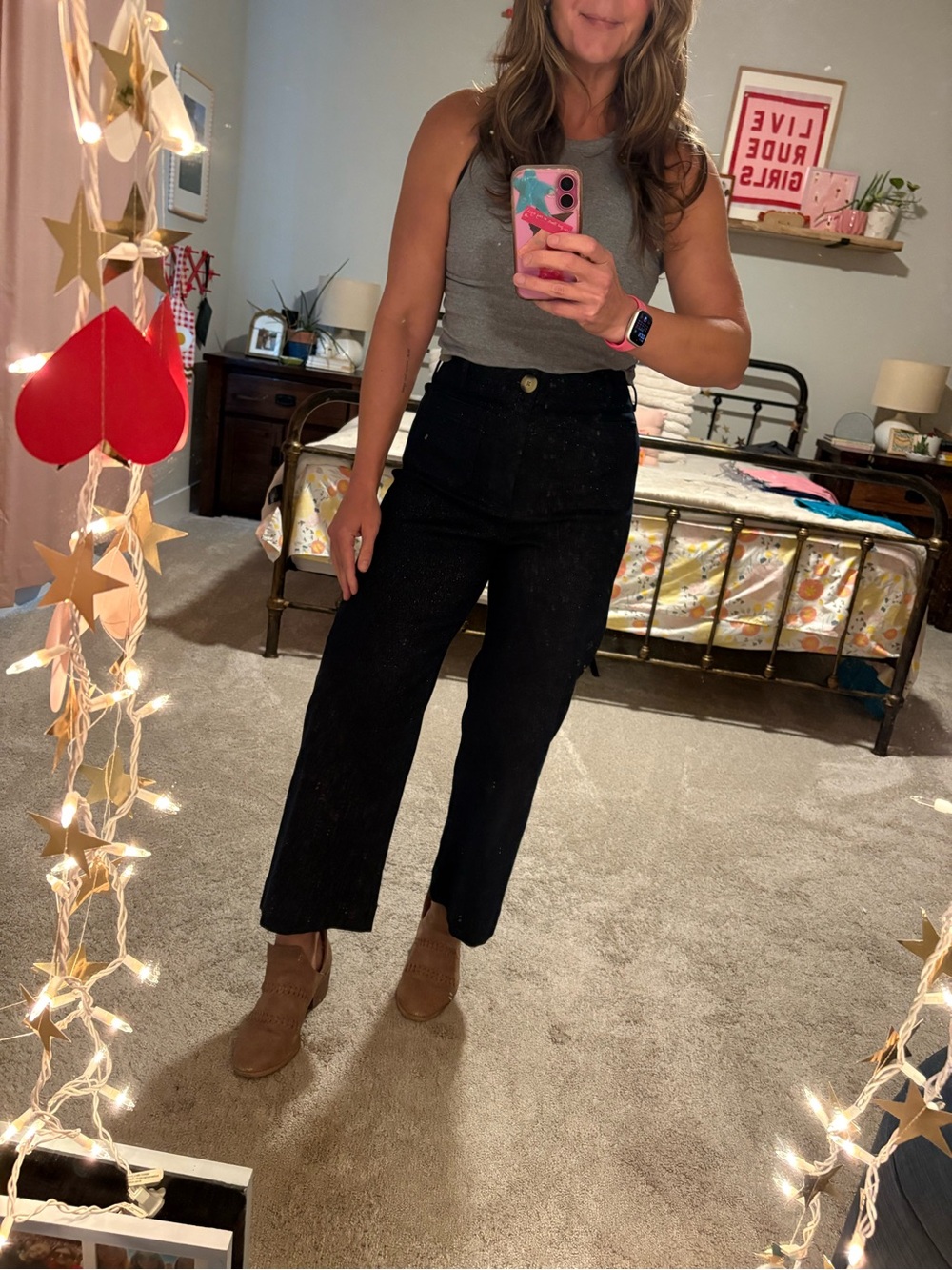 Maeve Colette High-Rise Straight Leg Jeans in dark sparkle